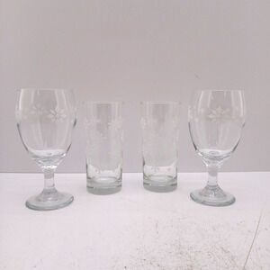 Libbey Premiere Snowflake Glasses Set of 4 ~ 2 Goblet & 2 Tumbler Glass